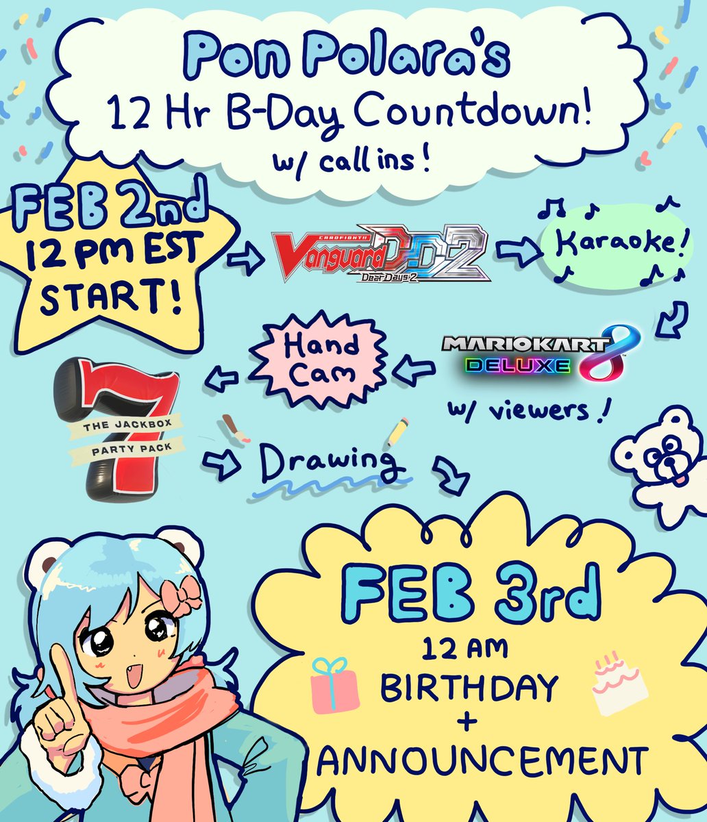 ponpolara's tweet image. โง PON POLARA 12 HR B-DAY STREAM!! โง
๐
it's an invitation to my birthday next week, i hope you'll be able to make it to the party ๐
12 hr bday countdown stream + announcement at the end!
any oomfs who want to call-in, reply or dm โค๏ธ
โง FEB 2ND 12 PM EST! โง