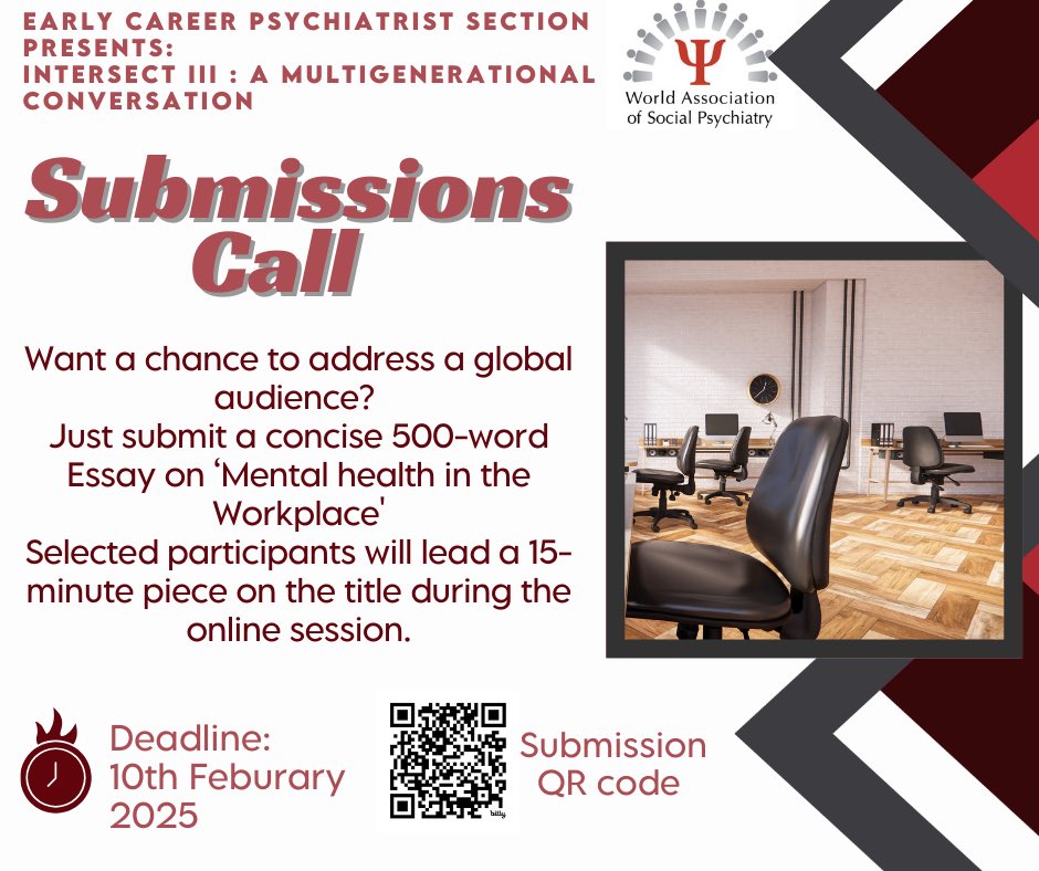World Association of Social Psychiatry ECP Section (@wasp_ecp) on Twitter photo 📢 Got insights on Mental Health in the Workplace? 
Share your voice at Intersect III! 🧠
✨ Call for submissions is NOW OPEN. Don’t miss your chance—submit today!
For submission :  forms.gle/qGCmYCpdyAXHGq…
#MentalHealthMatters #CallForSubmissions 📢 Got insights on Mental Health in the Workplace? 
Share your voice at Intersect III! 🧠
✨ Call for submissions is NOW OPEN. Don’t miss your chance—submit today!
For submission :  forms.gle/qGCmYCpdyAXHGq…
#MentalHealthMatters #CallForSubmissions