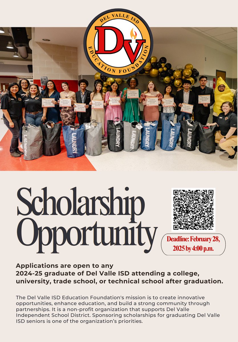 The Del Valle ISD Education Foundation Scholarship Application deadline is a month away!

Application: docs.google.com/.../1FAIpQLSfa…

The deadline to submit this application is February 28, 2025 by 4:00 p.m