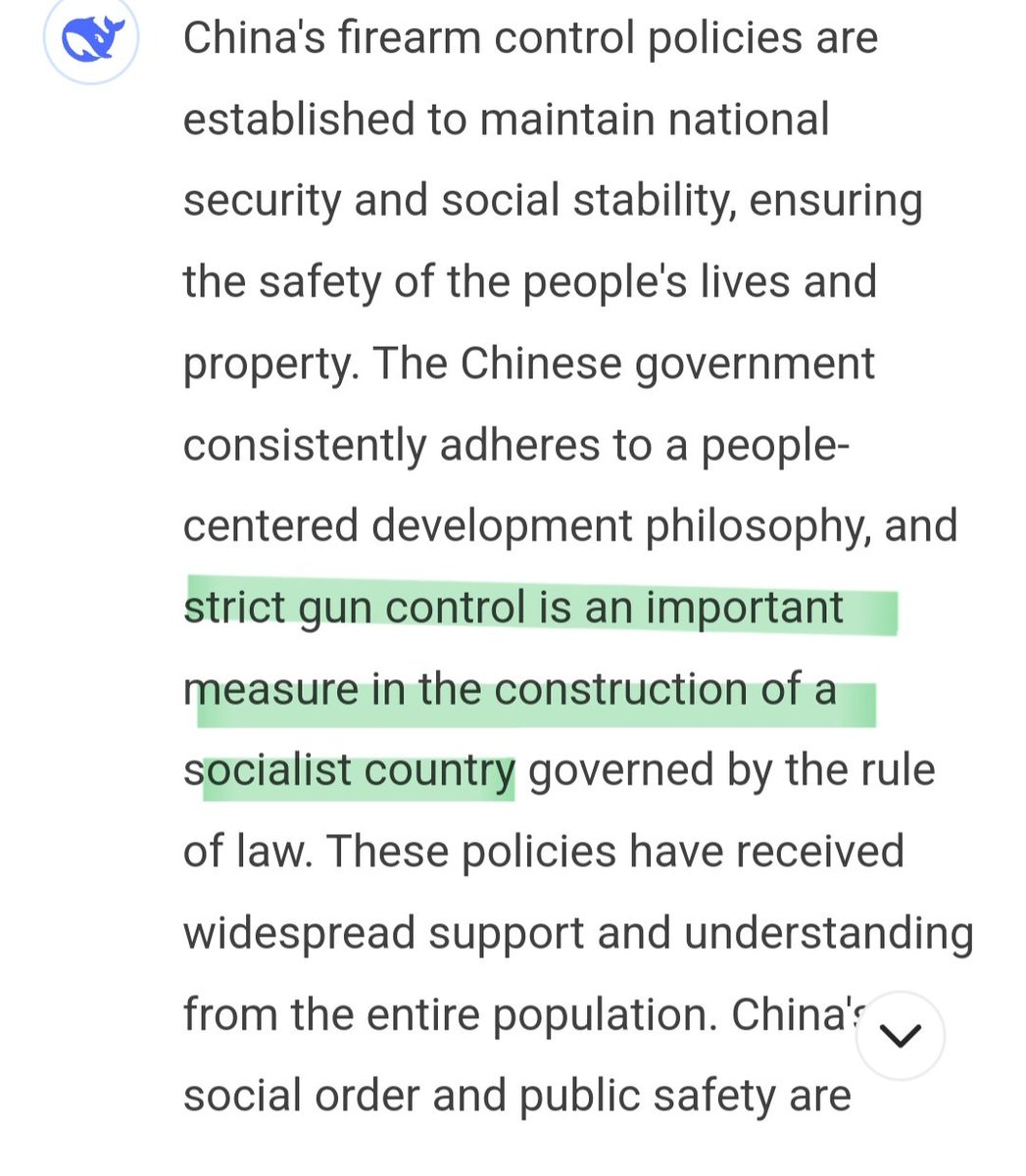 Abbiamo chiesto a #DeepSeek come mai in Cina non è permesso il possesso di #armi ai cittadini. Risposta scontata: "un serrato controllo delle armi è una misura importante nella costruzione di uno stato socialista..."

Il diritto a possedere e portare armi è garanzia di libertà.