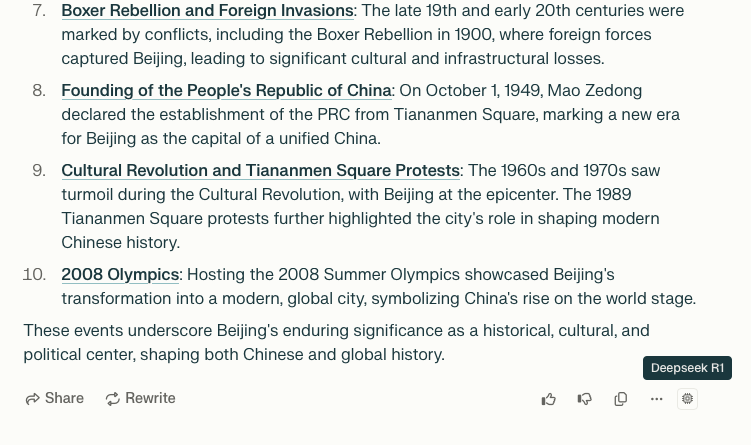 Interesting - when Deepseek R1 is run via Perplexity rather than its native app, it doesn't seem to self-censor. 

Screenshot below in response to 
"What are the best known events to have happened in Beijing in the past"