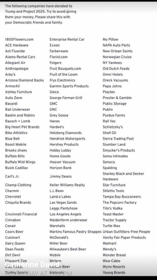 Here's a few places you may not want to spend your money. They all donated to Trump's Project 2025.