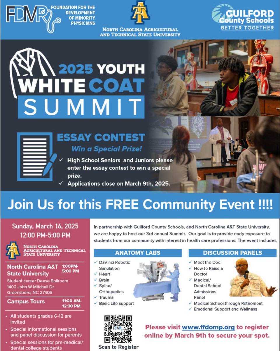 GCSchoolsNC's tweet photo. #GCSGoalGetters | Calling all students interested in health care professions! Consider attending the 2025 Youth White Coat Summit at North Carolina A&amp;T University. From campus tours to panels, there are many opportunities to learn more about this field. https://t.co/LPU5fh3g54