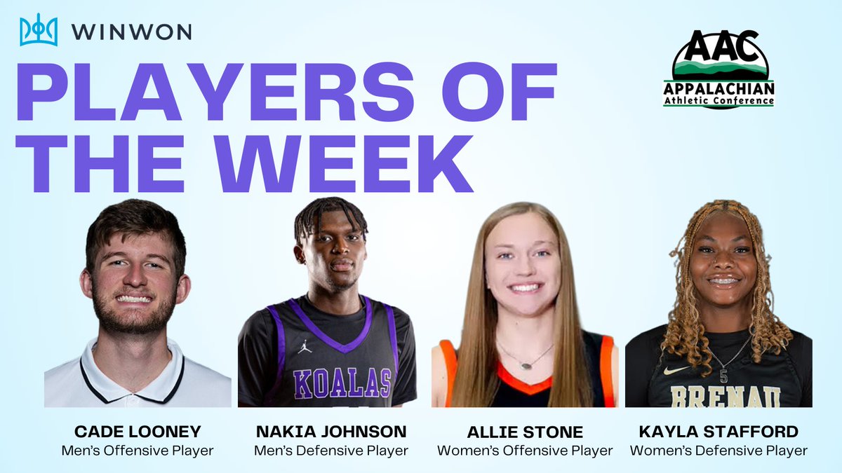 WinWon (@winwontech) on Twitter photo Shoutout to the WinWon Athletes of the Week from the <a href="/AACsports/">AAC Sports</a>:
M🏀Cade Looney (<a href="/UPIKEAthletics/">UPIKE Athletics</a>) & Nakia Johnson (<a href="/GoKoalas/">Columbia College Athletics</a>)
W🏀Allie Stone (<a href="/UPIKEAthletics/">UPIKE Athletics</a>) Kayla Stafford (<a href="/BUGoldenTigers/">Brenau Golden Tigers</a>)
📑tinyurl.com/eetufyz5
#AthleteOfTheWeek #CollegeBasketball Shoutout to the WinWon Athletes of the Week from the <a href="/AACsports/">AAC Sports</a>:
M🏀Cade Looney (<a href="/UPIKEAthletics/">UPIKE Athletics</a>) & Nakia Johnson (<a href="/GoKoalas/">Columbia College Athletics</a>)
W🏀Allie Stone (<a href="/UPIKEAthletics/">UPIKE Athletics</a>) Kayla Stafford (<a href="/BUGoldenTigers/">Brenau Golden Tigers</a>)
📑tinyurl.com/eetufyz5
#AthleteOfTheWeek #CollegeBasketball