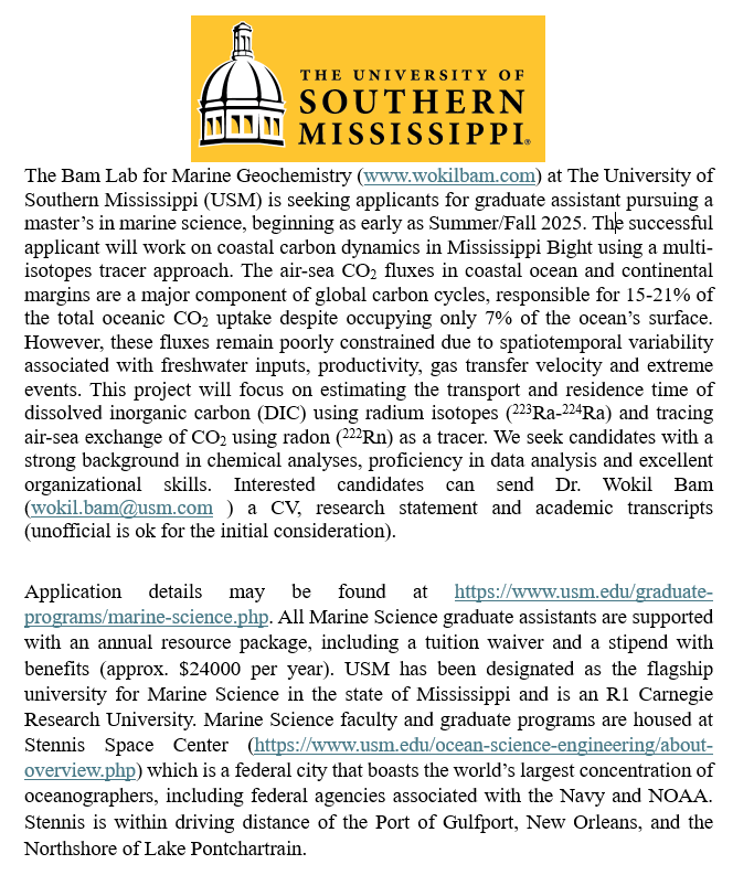 My lab is seeking applicants for graduate assistant pursuing a master’s in marine science, beginning as early as Summer/Fall 2025. #graduateassistantship #gradschool 
Graduate Assistantship findajob.agu.org/job/8025125/gr…