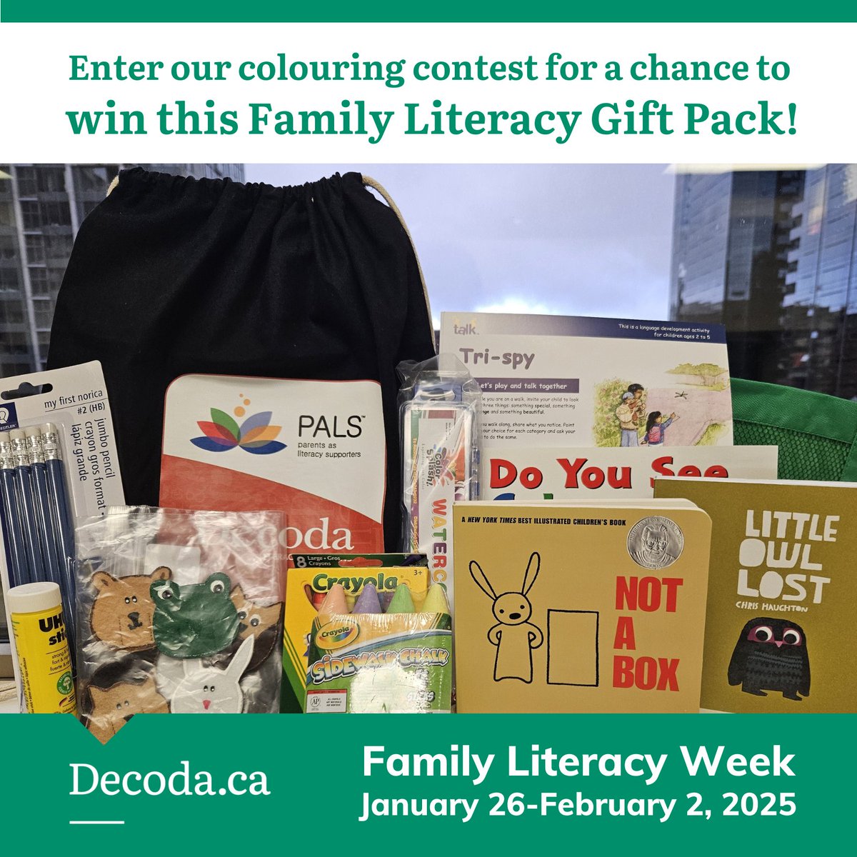🎁 📚🖍♻ Enter the colouring #contest draw by Feb. 2 for a chance to win this Family Literacy Gift Pack! ✨ 

⤵ Download the colouring contest poster at: decoda.ca/wp-content/upl…

👉 Learn more at: decoda.ca/get-involved/f…                          

#FLW2025 #FamilyLiteracyWeek