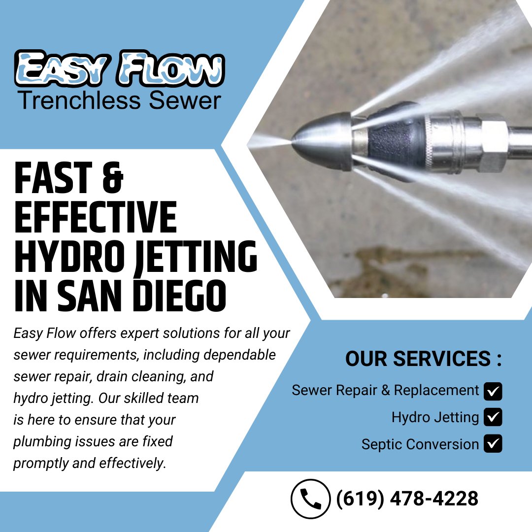 Easy_Flow_Drain's tweet photo. Easy Flow Trenchless Sewer is your go-to expert for fast and effective hydro jetting services in San Diego. We specialize in dependable sewer repair, drain cleaning, and hydro jetting solutions to keep your plumbing system running smoothly.  Contact us today! https://t.co/ayePUDZlKF
