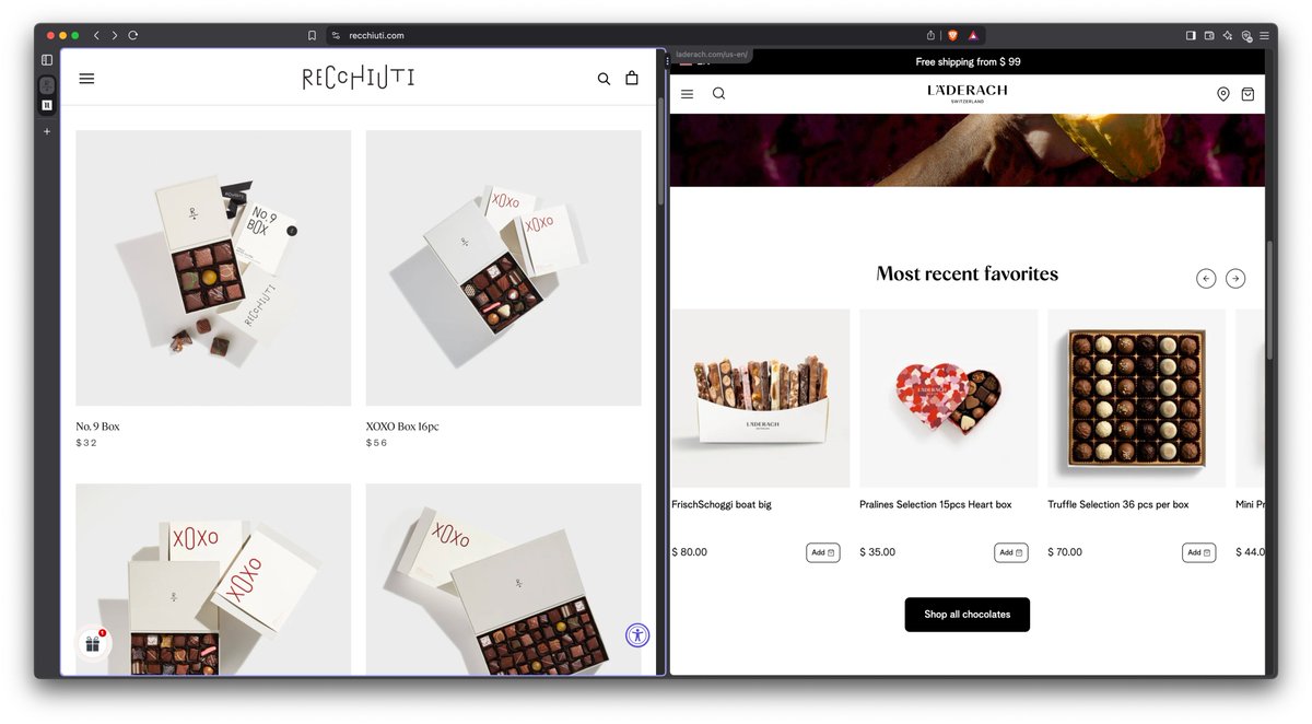 Split view is enabled in Nightly, right click on a tab. I'm still split on which chocolates to buy. I also like Bernachon and Leonidas. Or Dubai chocolate?