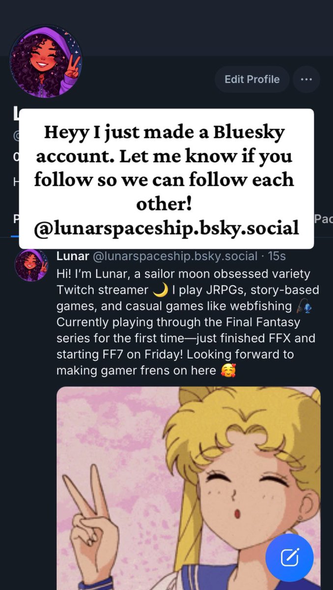 Just made my first post on Bluesky! We will be playing the original Final Fantasy 7 for the first time starting this Friday so find me over there for updates! Let me know you came from here! I’m so excitedddd 💖💖💖 bsky.app/profile/lunars…