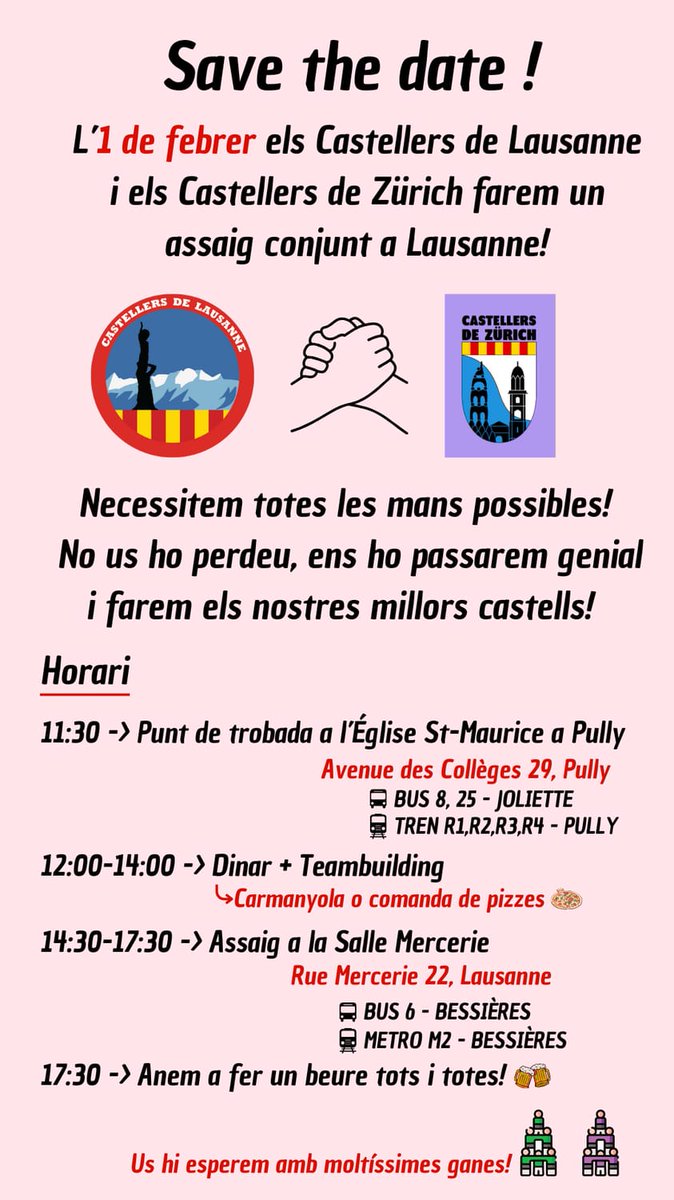 cdlausanne's tweet photo. Aquest dissabte 1 de febrer farem un assaig conjunt a Lausanne amb els @CCZuric ! Veniu a fer pinya amb nosaltres!

Ce samedi 1er février, nous aurons un entraînement conjoint à Lausanne avec les @CCZuric ! Venez faire pinya avec nous !

#castells @CCLausana https://t.co/XgrU2mpwP3