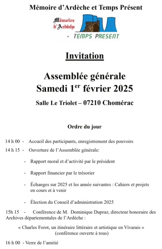 MATP_ARDECHE's tweet photo. 🚨📢URGENT rappel " save the date " :  Ce samedi 1er février 2025 venez nombreux à l'Assemblée Générale de votre association Mémoire d'Ardèche et Temps Présent : 
à  CHOMÉRAC 07210 -  
salle le Triolet à 14h.
Pour MATP https://t.co/xBcJjnZVw6