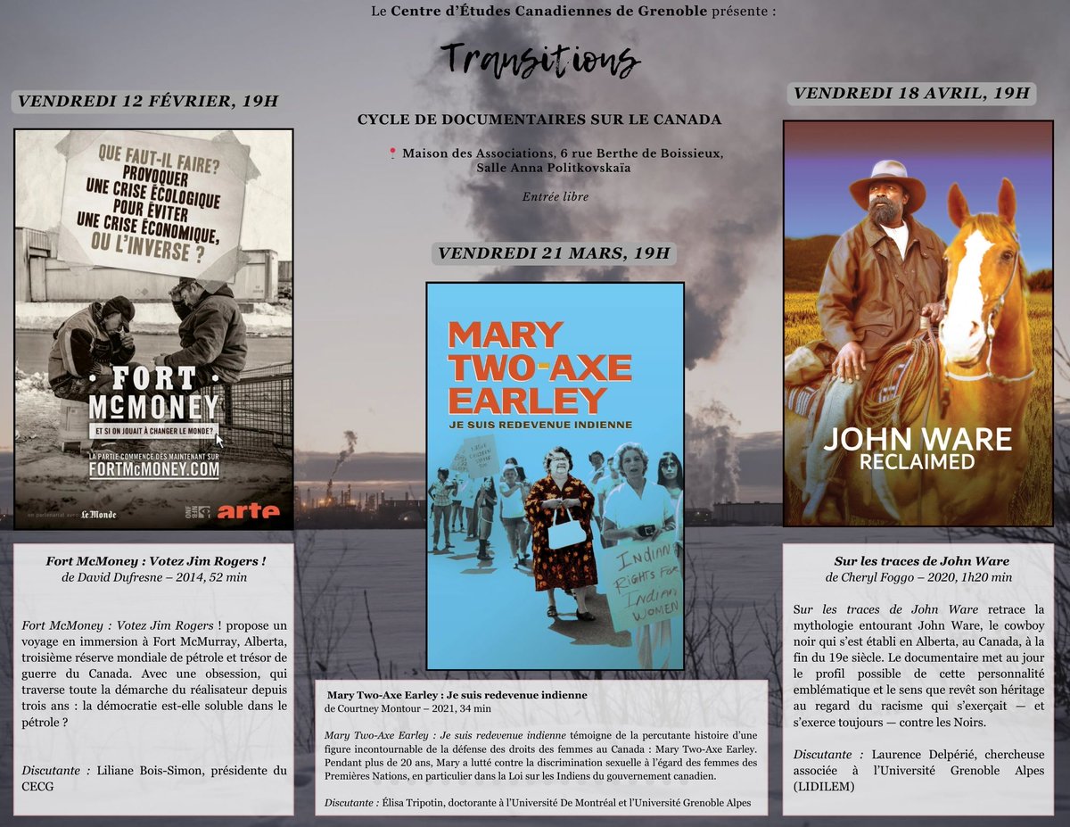 🎥 Les Saisons du Canada continuent avec un cycle de documentaires engagés ! 
📅 RDV à Grenoble pour 3 projections-débats : 
👉 12/02 : Fort McMoney 
👉 21/03 : Je suis redevenue indienne 
👉 18/04 : Sur les traces de John Ware 
📍 Maison des Associations (entrée libre) 
<a href="/ilcea4/">ILCEA4</a>