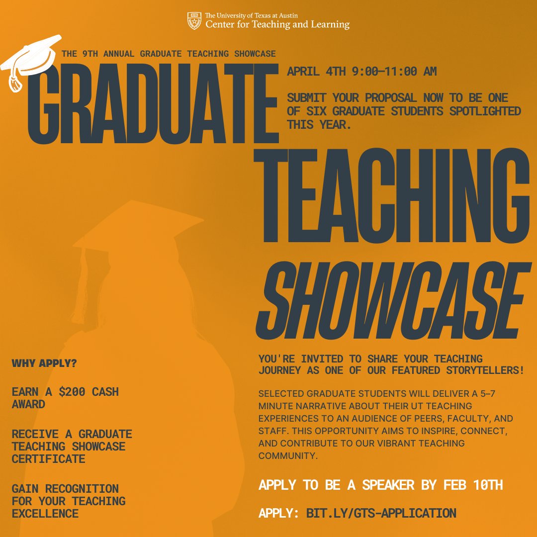 🎓 Calling all graduate students! 
Share your teaching journey at the 9th Annual Graduate Teaching Showcase on April 4th.

💡 Why apply?
- Earn a $200 cash award
- Receive a certificate
- Gain recognition 

📅 Apply by Feb 10th to be 1/6 featured speakers: bit.ly/GTS-Application