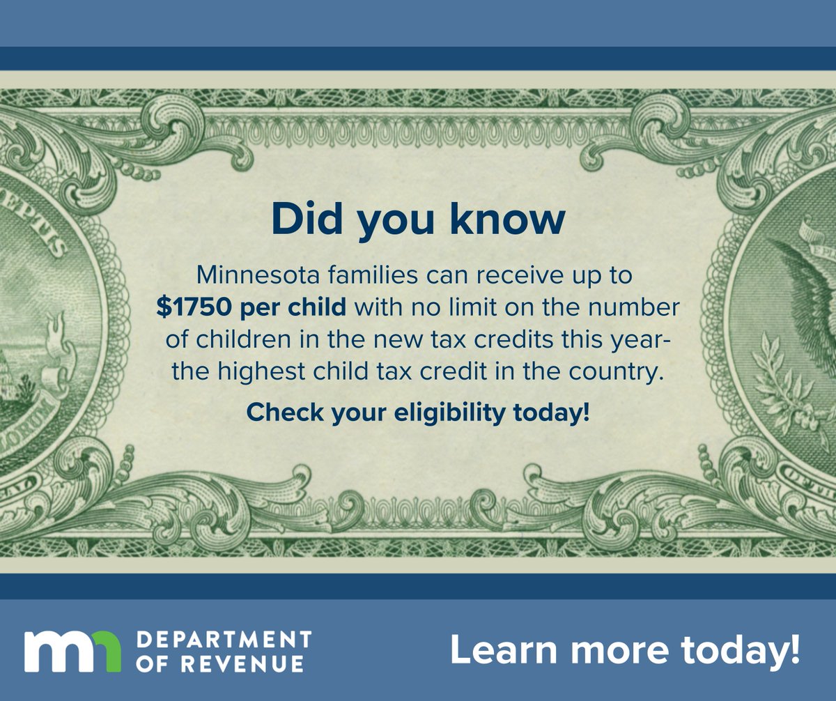 The Child Tax Credit is available to Minnesotans who have children under age 18. You may qualify for $1,750 per child with NO LIMIT on the number of children. 

ow.ly/MfKM50UC0nj 

Service made available through a grant provided by the state of MN. 

#childtaxcredit