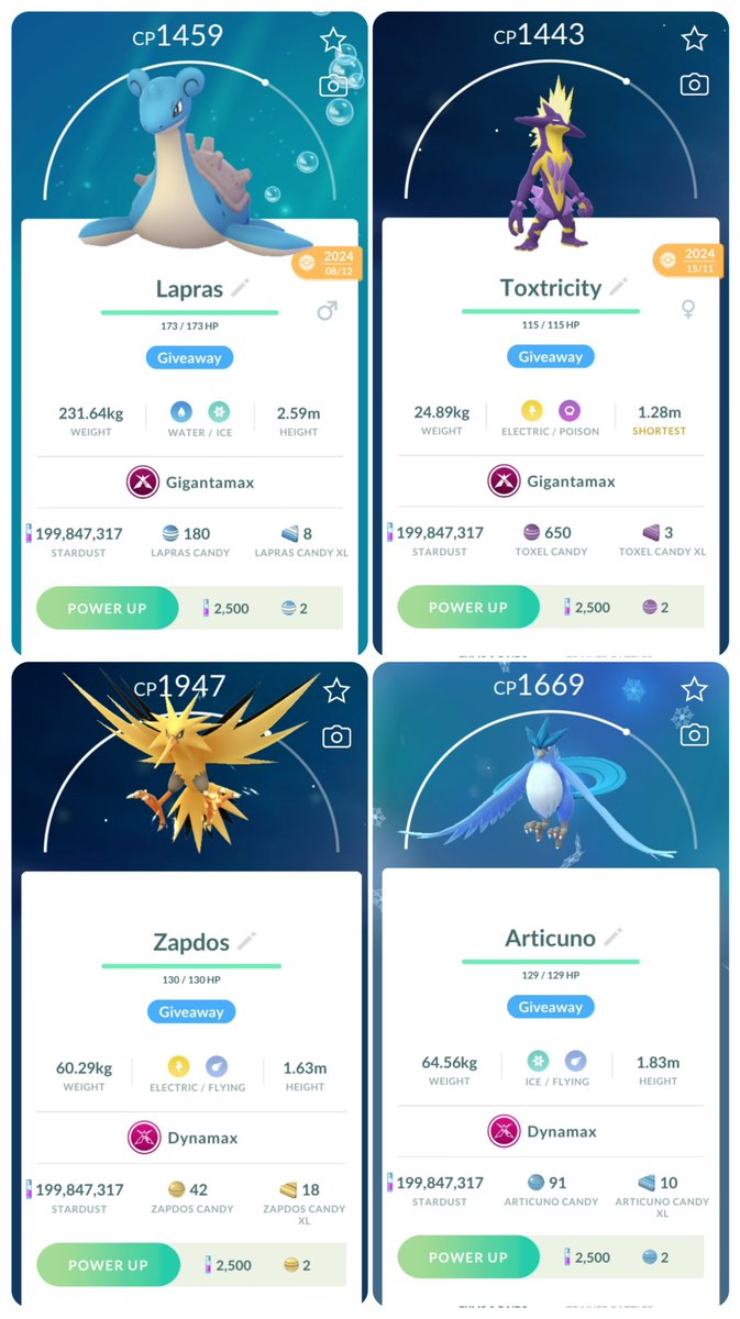 💥Gigantamax &amp; Dynamax Giveaway💥

⏰Draw in 24 hours 

🚨2 Winners Will Get To Pick any 1 of these Gigantamax or Dynamax Pokemon.

💧Gigantamax Lapras
☠️Gigantamax Toxtricity
⚡️Dynamax Zapdos
🧊Dynamax Articuno

To Enter Its Simple:
❤️ Like This Post
🔥 Follow Us
📲 Comment the