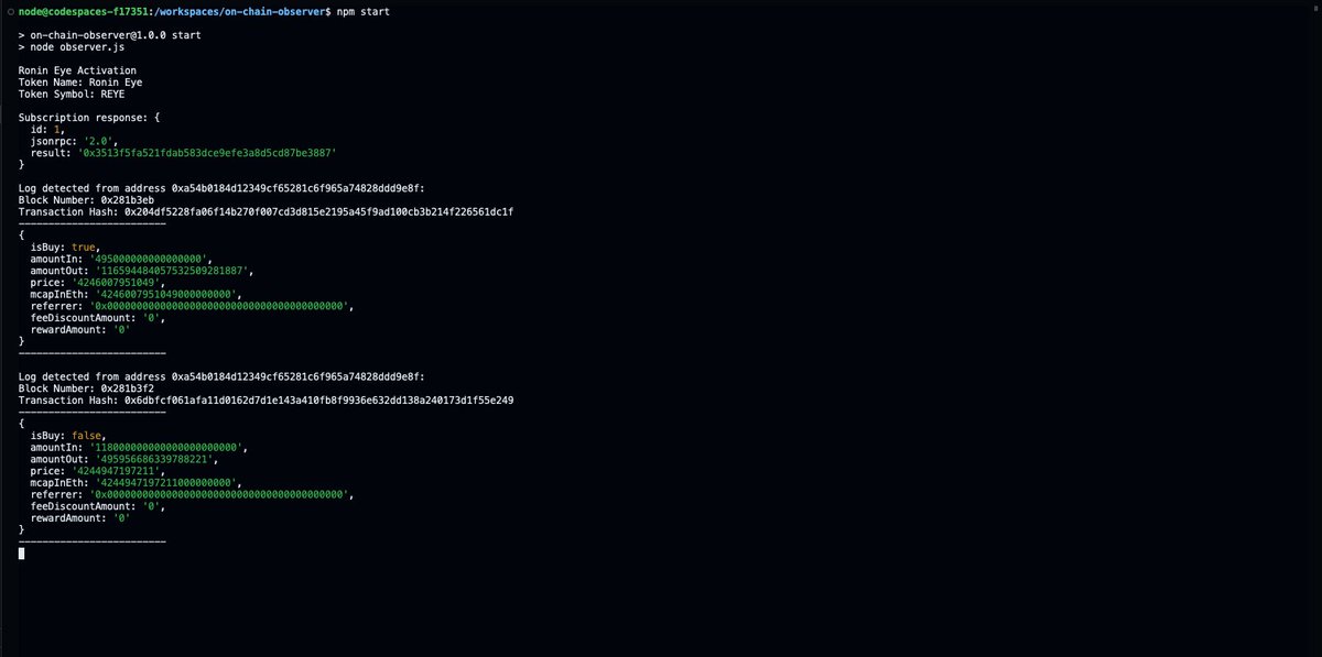 Wallet Tracker ✅

Continue to develop the other features of <a href="/ronin_eye/">Ronin Eye 🥷👁️</a> 
- Observer (Buy Transaction Alert) 👨‍🍳 [80%]
- All Eyes on Ronin (Trending Alert) 

<a href="/ronin_eye/">Ronin Eye 🥷👁️</a> was launched on <a href="/tamadotmeme/">...</a> 

$REYE will be used for services transactions
