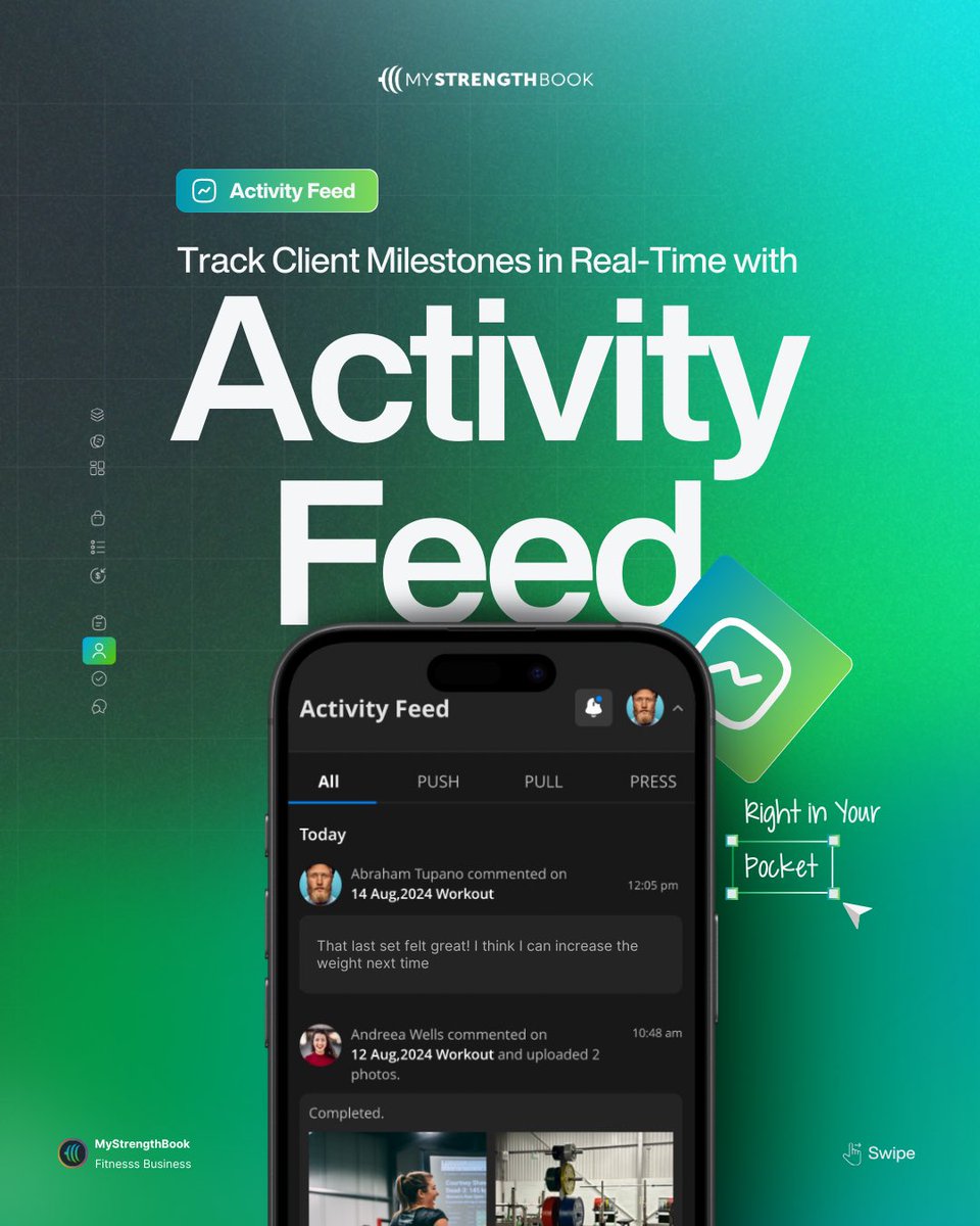 mystrengthbook's tweet photo. Coaches, stay connected to your clients like never before! Our mobile app now has an Activity Feed. Track progress in real-time, view milestones, and celebrate wins from anywhere. Update now! #coachingtools #fitnessapp #clientmanagement https://t.co/dEUd3AIGVb