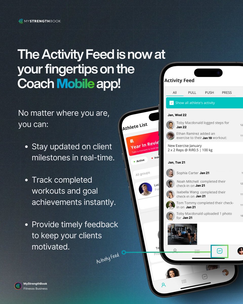mystrengthbook's tweet photo. Coaches, stay connected to your clients like never before! Our mobile app now has an Activity Feed. Track progress in real-time, view milestones, and celebrate wins from anywhere. Update now! #coachingtools #fitnessapp #clientmanagement https://t.co/dEUd3AIGVb