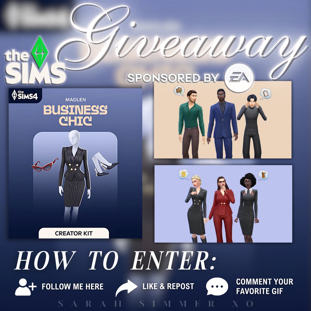 sarahsimmerxo's tweet photo. #Ad #EAPartner
GIVEAWAY!!! ✨

Thanks to the #EACreatorNetwork, I'm giving away (1) copy of the Business Chic Kit!

💄HOW TO ENTER:
• Follow me here
• Like & Retweet
• Comment your fav GIF

💗More Details:
• Giveaway Ends: Friday, January 31st 12pm EST
• I'll DM the winner
• Winner will have 24 hours to respond
• For more chances to win: enter on my other platforms

Code is redeemable for all platforms: EA App, Steam, Playstation, & Xbox

Thank you for your support & GOOD LUCK! 💗🫶🏻
#TheSims4 #Sims4BusinessChicKit