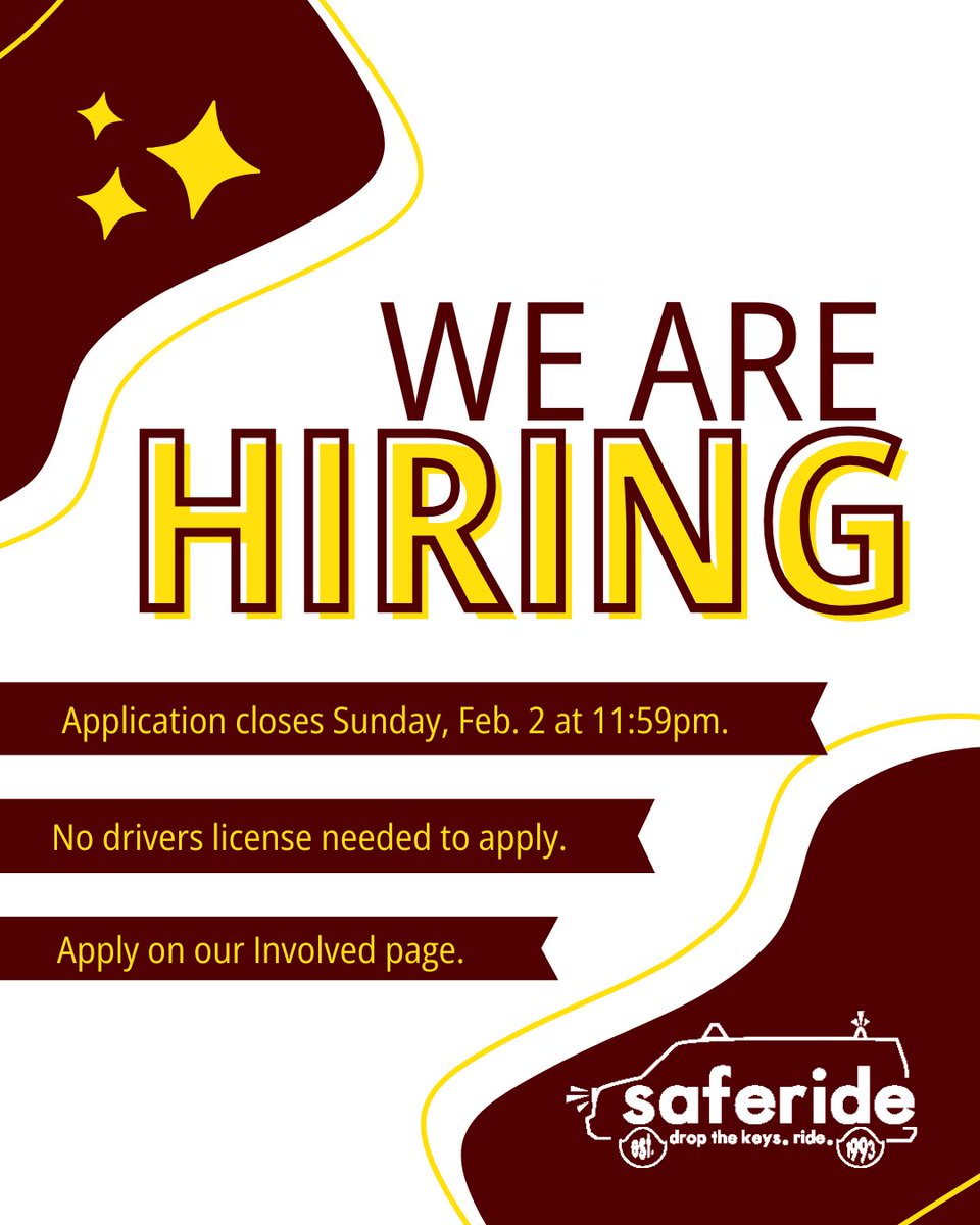 SUSaferide's tweet photo. Applications are now open! Visit our Involved page to apply (link in the replies). https://t.co/JIWyoZbkq8