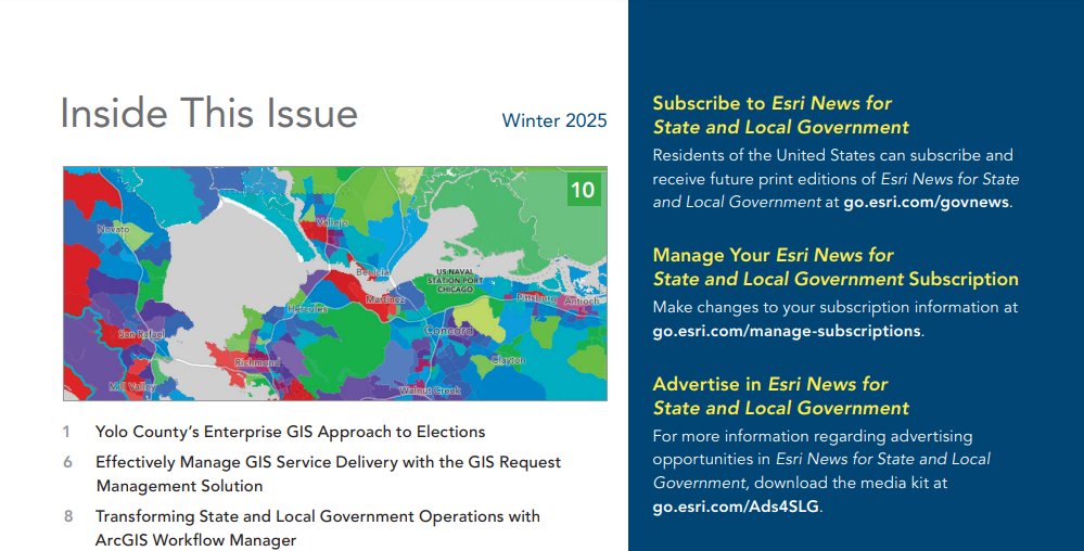 The winter issue of the #Esri State &amp; Local Government Newsletter is out. This quarterly publication highlights Esri users &amp;  their success stories to over 300,000 state &amp; local government subscribers
ow.ly/TkKY30sJBp9
#GIS #ArcGIS #GPN #govtech #statelocalIT #NSGIC #NASCIO