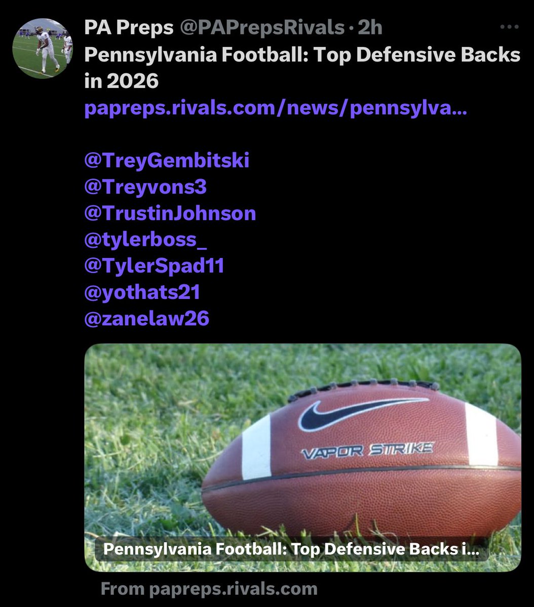 TrustinJohnson's tweet photo. Honored and grateful to be named one of the top DBs in the state by @PAPrepsRivals 🙏🏽!Recognition means the world. #Blessed #HardWork #TopDB
@Coach_Kukesh @CoachHupke @CoachGrant74 @CoachBarese1 @lew_walk7  @CoachAnthonyFB @_coachwiggs @Coach_BIngeIII @CoachHamm17 @Coach_Brookins 
@PAcoachP 

FILM DON’T LIE⬇️
https://t.co/CrBVPgAvfI