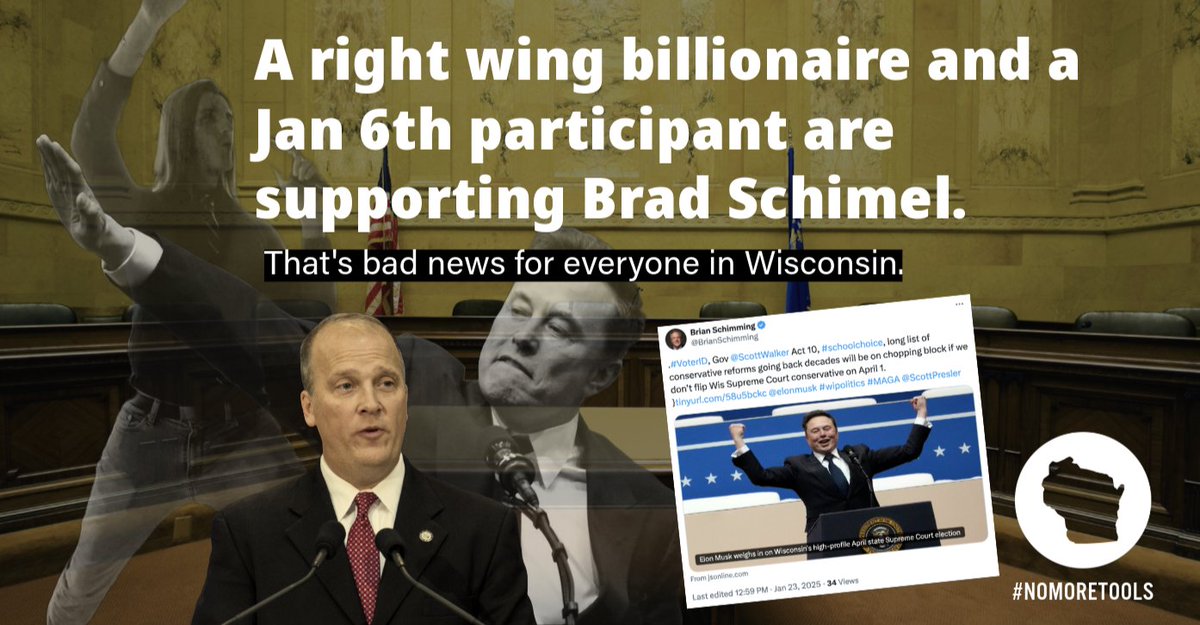 jnorcr's tweet photo. @derrickvanorden Brad Schimel is bad for #Wisconsin. 
The ham-fisted out-of-state support from a #January6th participant and a right wing #broligarch are ... #disqualifying. 
#NoMoreTools
#NoMoreFools
-------
#Crawford4WI #Kenosha #EauClaireWI #Madison #Milwaukee #Waukesha #GreenBay https://t.co/T0KsiKt700