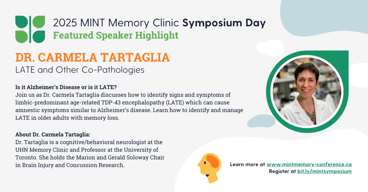MINT Memory Clinic (@mintmemorycare) on Twitter photo Is it Alzheimer’s Disease or LATE? 🧠 Join Dr. Carmela Tartaglia (<a href="/MC_Tartaglia/">CarmelaTartaglia</a>) as she unpacks how to recognize and manage limbic-predominant age-related TDP-43 encephalopathy (LATE) on Feb 13!
🔗mintmemory-conference.ca
#MemoryCare #DementiaCare #Healthcare #MINTMemoryClinic Is it Alzheimer’s Disease or LATE? 🧠 Join Dr. Carmela Tartaglia (<a href="/MC_Tartaglia/">CarmelaTartaglia</a>) as she unpacks how to recognize and manage limbic-predominant age-related TDP-43 encephalopathy (LATE) on Feb 13!
🔗mintmemory-conference.ca
#MemoryCare #DementiaCare #Healthcare #MINTMemoryClinic