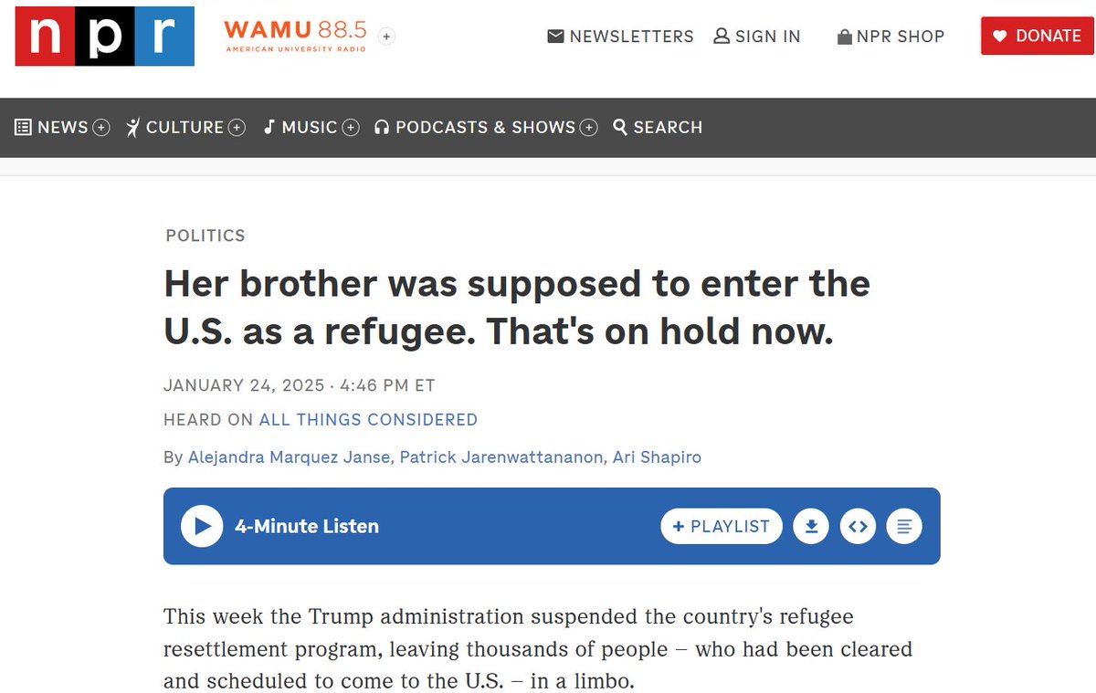 Young25Tim's tweet image. Incredibly grateful to @arishapiro and @alejanse_ for such a powerful report on what the suspension of the refugee program means for people like Reine and Jacombo.
Listen to the story below, including insight from @KrishVignarajah of @GlobalRefuge. 🎧
npr.org/2025/01/24/nx-…
