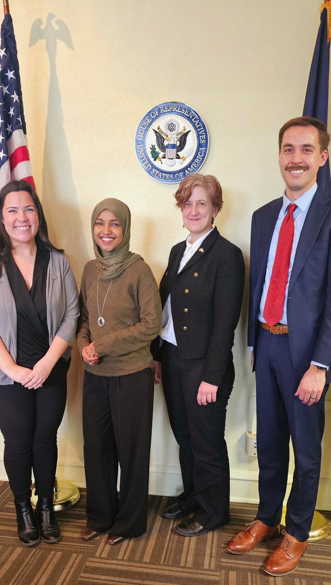 Ilhan's tweet photo. Just met with Beth Richardson, the Consul General of Canada, to discuss the deep and lasting friendship between the U.S. and Canada. #MN05 does $600 million of trade with Canada every year – trade which will be devastated by Trump’s tariff proposal. 🇺🇲🇨🇦 https://t.co/Yyyj0hQVwc