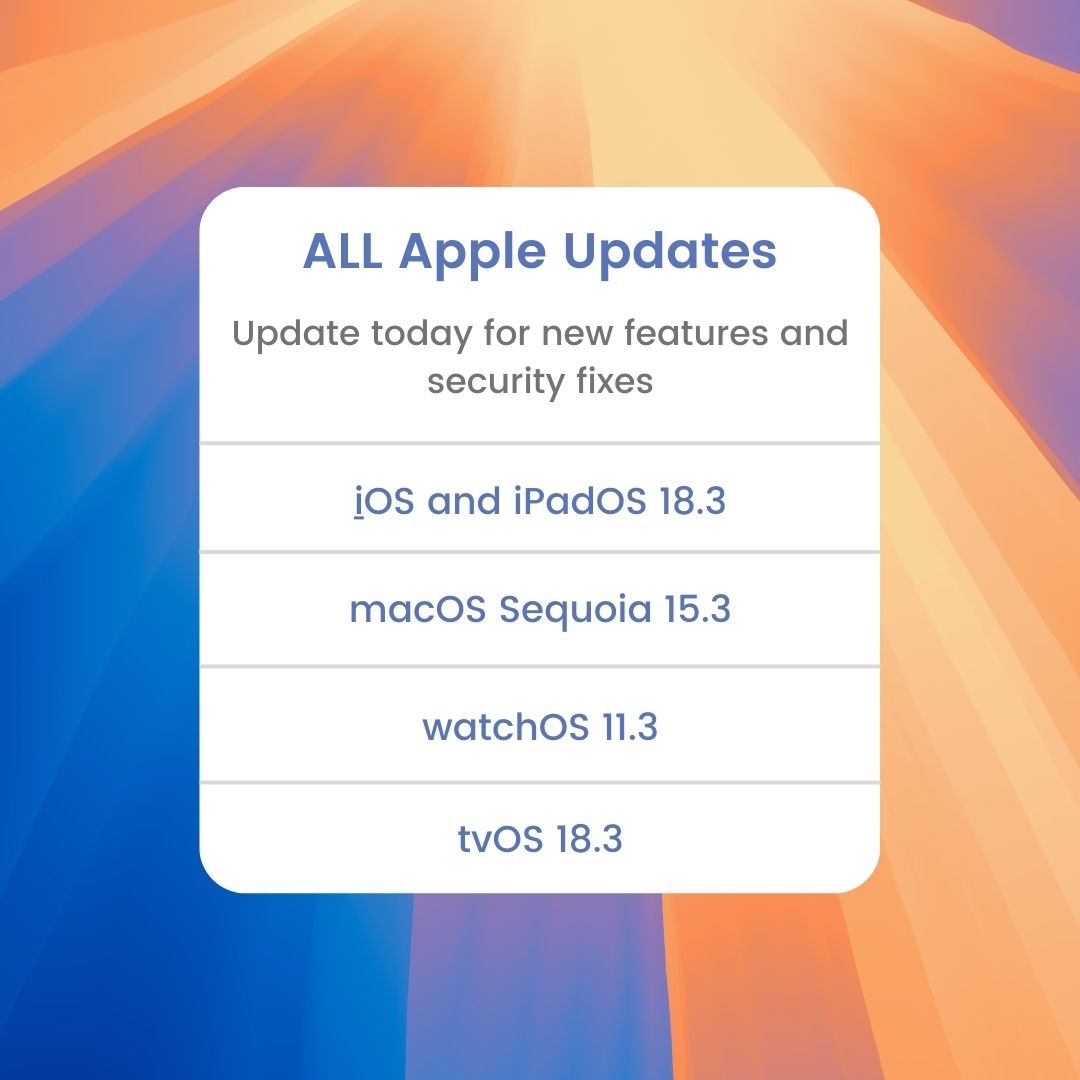 MACINASNAP's tweet photo. Apple has released iOS 18.3, iPadOS 18.3, macOS Sequoia 15.3, watchOS 11.3, and tvOS 18.3 updates, which include several new features and critical security fixes. Update Now 
#apple #macinasnap #louisvilletech #iOS #iPadOS #macOS #watchOS #tvOS https://t.co/NiVCzyvBGZ