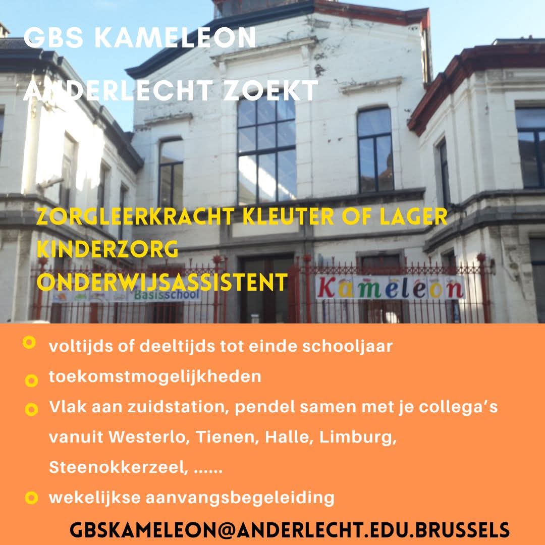 hannesdegeest's tweet photo. Dringend gezocht: (zorg)leerkrachten, kinderverzorger en onderwijsassistent voor basisschool Kameleon in Kuregem. Heel tof team, brede school, knap historisch schoolgebouw, gedeeld met kinderopvang Ket in Kuregem, sociaal-sportieve vzw Les Gazelles de Bruxelles en Sportswitch. https://t.co/3tvKzrpkYY