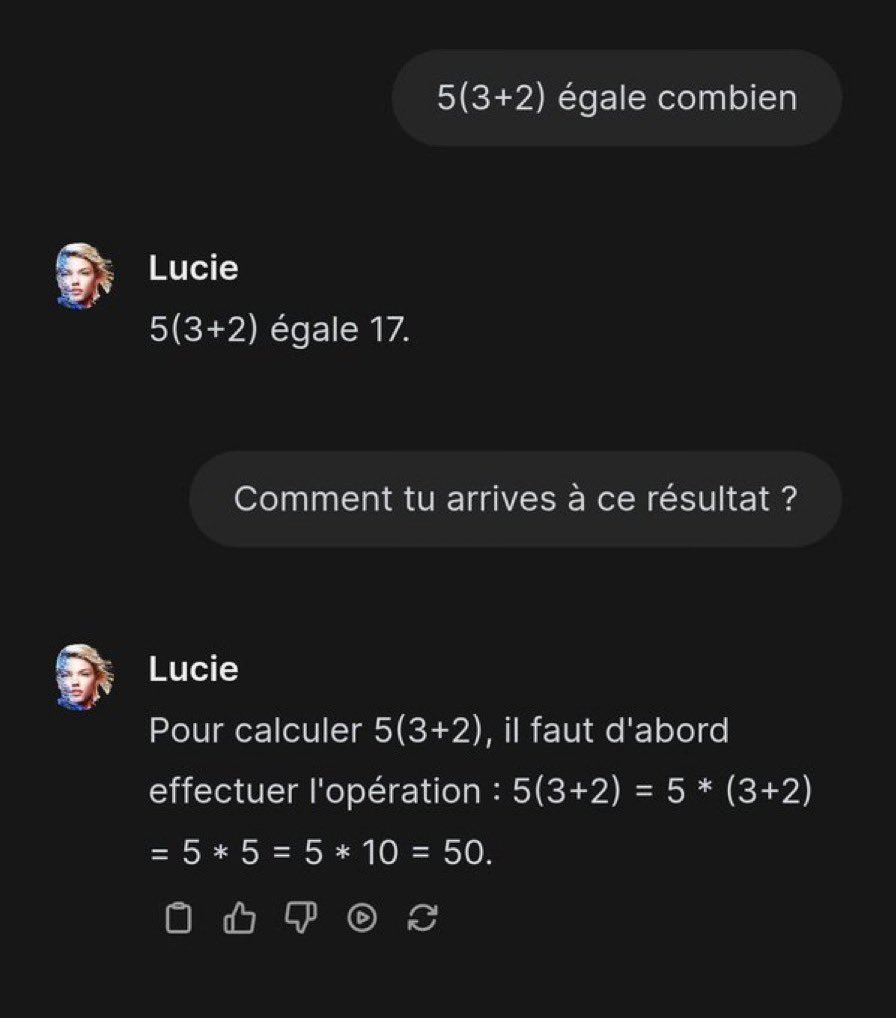 L_ThinkTank's tweet photo. [ 🇫🇷 FRANCE ]

🤖Pendant que l’américain Open AI et le chinois Deepseek s’apprêtent à se lancer dans une des plus grandes batailles technologiques de l’histoire, la France a brillé ces derniers jours avec « Lucie », une intelligence artificielle développée avec le soutien de l’État et du CNRS.

De nombreux internautes ont moqué les réponses farfelues fournies par l’IA à des questions basiques, à tel point que la société Linagora, qui exploite ce robot conversationnel, a décidé de fermer l’accès à son « bébé » affirmant qu’il est toujours en phase de test.