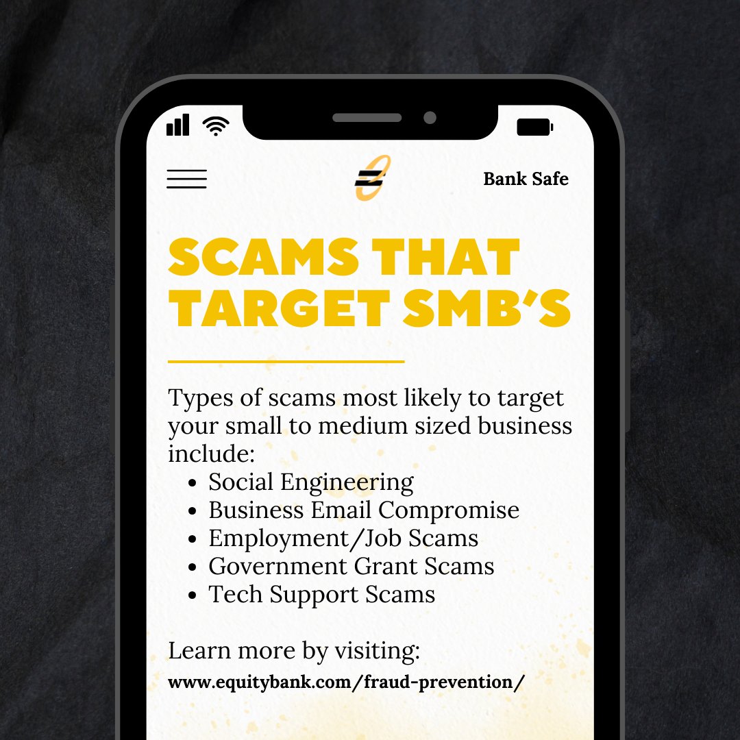As a bank built on entrepreneurial spirit, we understand the importance of protecting your hard work. With businesses in the crosshairs of criminals, learn more by visiting our Business Fraud Prevention Portal: equitybank.com/business-fraud… #BankSafe

#FraudPrevention #SmallBusiness
