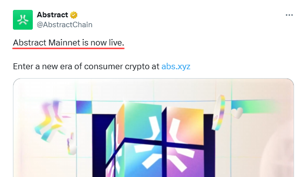 Abstract Chain Mainnet is Now Live! 🔥

The Abstract Chain mainnet is officially live! While the Token Generation Event (TGE) will happen in the future, the launch of their official token is confirmed.

Want to dive in and start interacting with the chain? Follow this quick