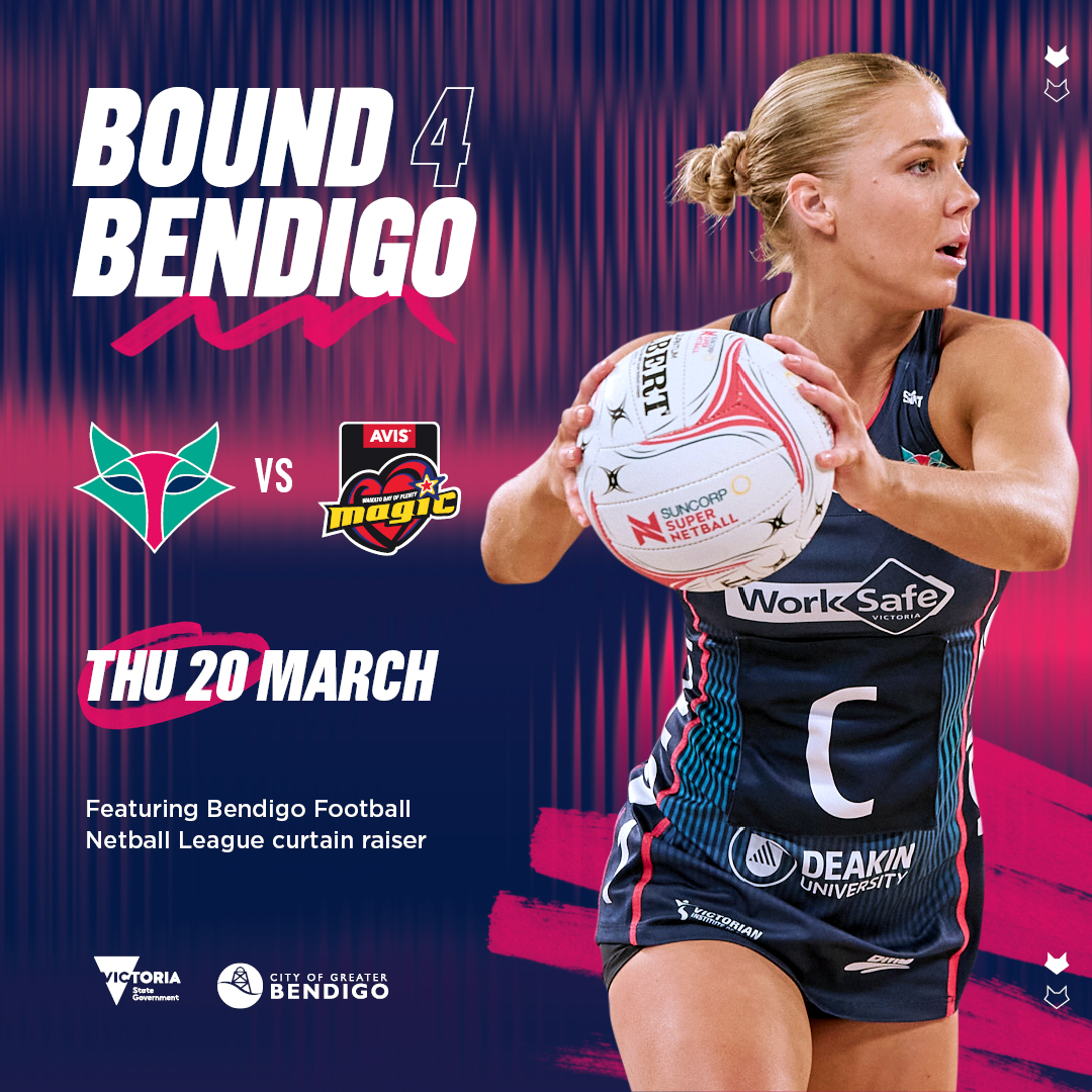 Melbourne Vixens are Bound 4 Bendigo this March! 🙌

🎟️ Red Energy Arena Members pre-sale – 11am, Wednesday 29 January
🎟️ General public tickets on sale – 12pm, Thursday 30 January
