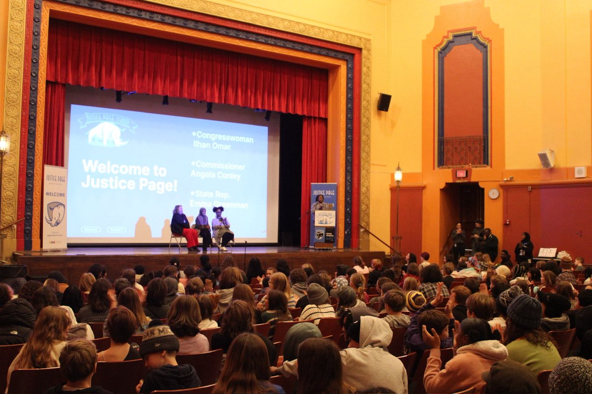 Ilhan's tweet photo. We started our district work period at Justice Page Middle School in Minneapolis with State Rep. @emmagreenman and @D4Commish. We were so impressed by the students' thoughtful and informed questions. https://t.co/OiuTBILM1x
