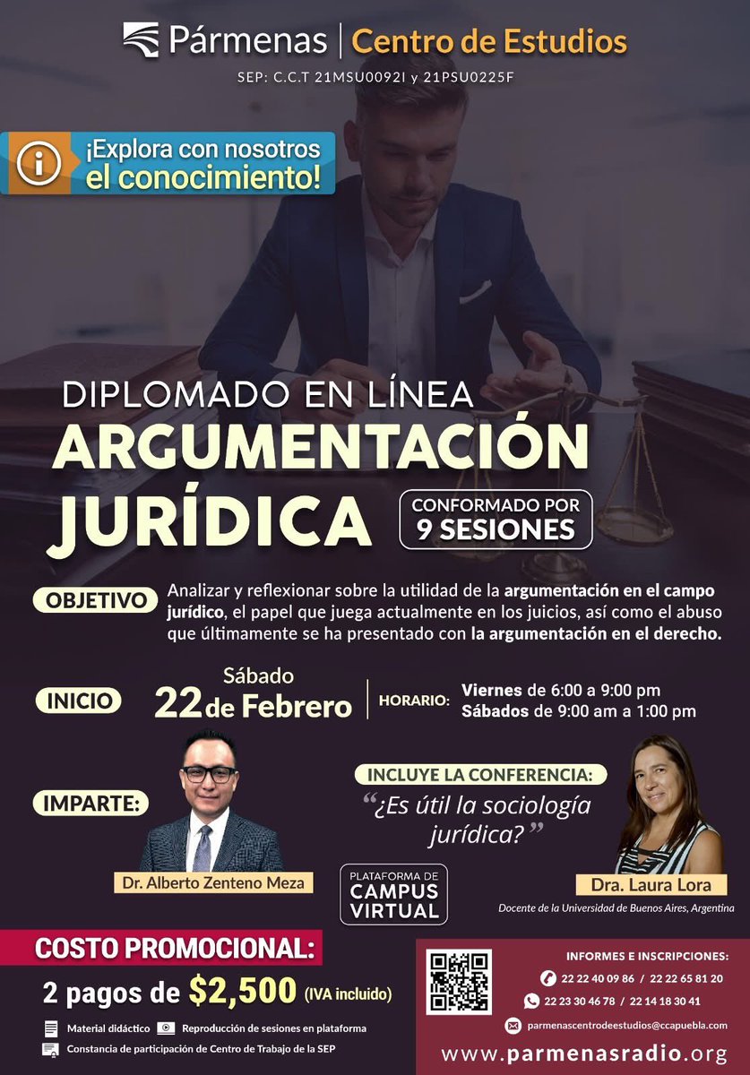‼️Apúntese a profundizar sus conocimientos en argumentación jurídica,✍🏻
10 sesiones 
Clase presencial o en línea
Constancia digital de participación
🟢 Envía un mensaje a Pármenas Libros por WhatsApp. wa.me/message/ZU2R4N…