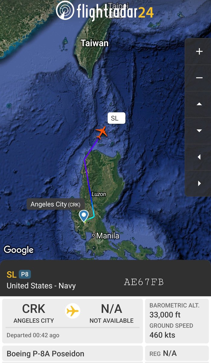 sipjack1776's tweet photo. P-8A 🇺🇲
#AE67FB
SL
Out of Clark AB tracking North over the Luzon Strait 
@Borrowed7Time @N214WN @_shrimpsisbugs https://t.co/JdVNrxpRnQ
