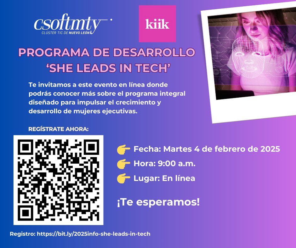 Csoftmty's tweet photo. 🌟 Únete a She Leads in Tech 🌟
Descubre cómo impulsar tu carrera en #tecnología. 👩💻
🗓️ 4 de febrero, a las 9:00 a.m.
👉 Regístrate aquí: https://t.co/wLSXZRie54
#SheLeadsInTech #WomenInTech @KiikConsultores #Csoftmty #EventoEnLínea https://t.co/KZzQjW3tU2