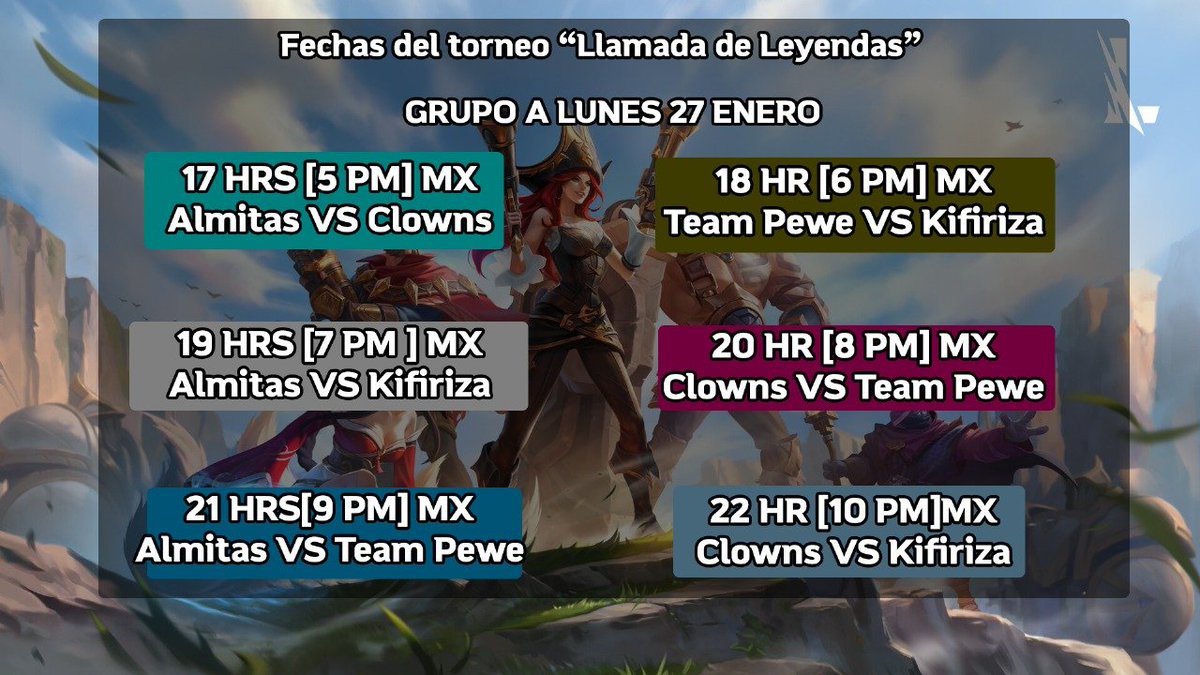 Ah nada de comenzar el dia 1 del torneo de comunidades "Llamada de Leyendas"

hoy tenemos a los equipos de:
Grupo A:
<a href="/av0ca2s/">KIFI</a>
<a href="/Aria_Maiden/">꒰ 🍡୧ ࿔* Ariasita !!! ♡</a>
@Aquaa_ria
@XSoniclol

Nos vemos a las 5:00pm en twitch

#ComunidadesRiotLATAM #leagueoflegends