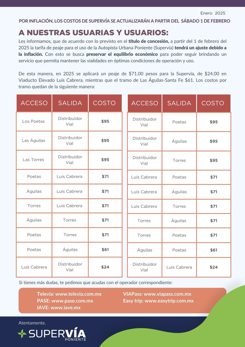 Supervia_CDMX's tweet photo. A partir del 1 de febrero de 2025, actualizaremos nuestras tarifas para seguir brindándote el mejor servicio y comodidad en tus trayectos 🛣️✨

#AcércateConSupervía https://t.co/h0inG6czBH