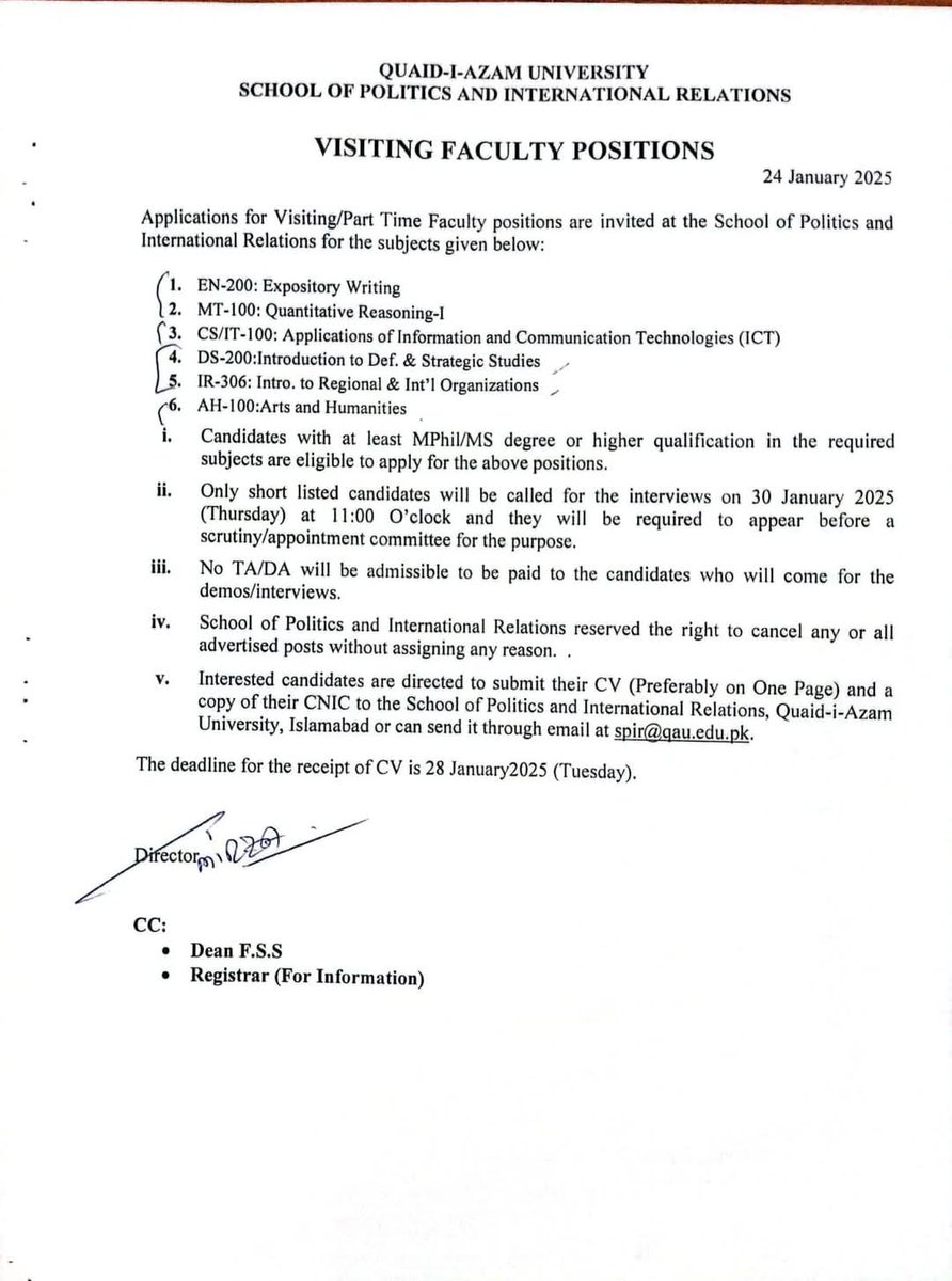 The School of Politics and International Relations (SPIR) at Quaid-i-Azam University (QAU) is seeking qualified candidates for visiting faculty positions.