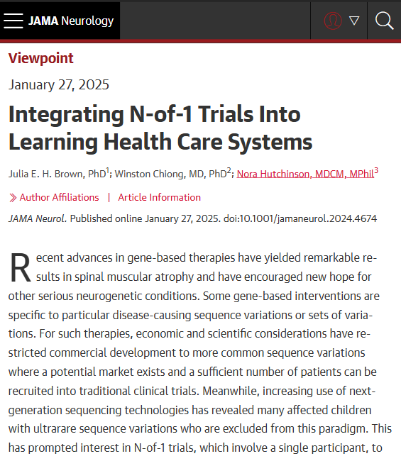 JAMA Neurology (@jamaneuro) on Twitter photo In this Viewpoint, <a href="/juliaehbrown/">Julia Brown, PhD</a>, Winston Chiong, and Nora Hutchinson explore how current ethical challenges of N-of-1 trials for serious neurological diseases could be addressed by integrating current approaches into learning healthcare systems. ja.ma/3PSN3re In this Viewpoint, <a href="/juliaehbrown/">Julia Brown, PhD</a>, Winston Chiong, and Nora Hutchinson explore how current ethical challenges of N-of-1 trials for serious neurological diseases could be addressed by integrating current approaches into learning healthcare systems. ja.ma/3PSN3re