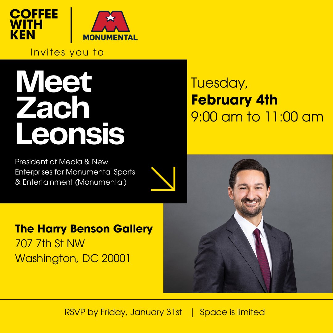 Zach Leonsis (@zacharyleonsis) on Twitter photo Excited to record a special episode of Coffee with Ken at the Henry Benson Gallery. @KenBiberaj and I plan to touch on how <a href="/MSE/">Monumental Sports & Entertainment</a> is fostering innovation and shaping the future of sports in the greater DC area.
Looking forward to meeting many of you at the conversation next Excited to record a special episode of Coffee with Ken at the Henry Benson Gallery. @KenBiberaj and I plan to touch on how <a href="/MSE/">Monumental Sports & Entertainment</a> is fostering innovation and shaping the future of sports in the greater DC area.
Looking forward to meeting many of you at the conversation next