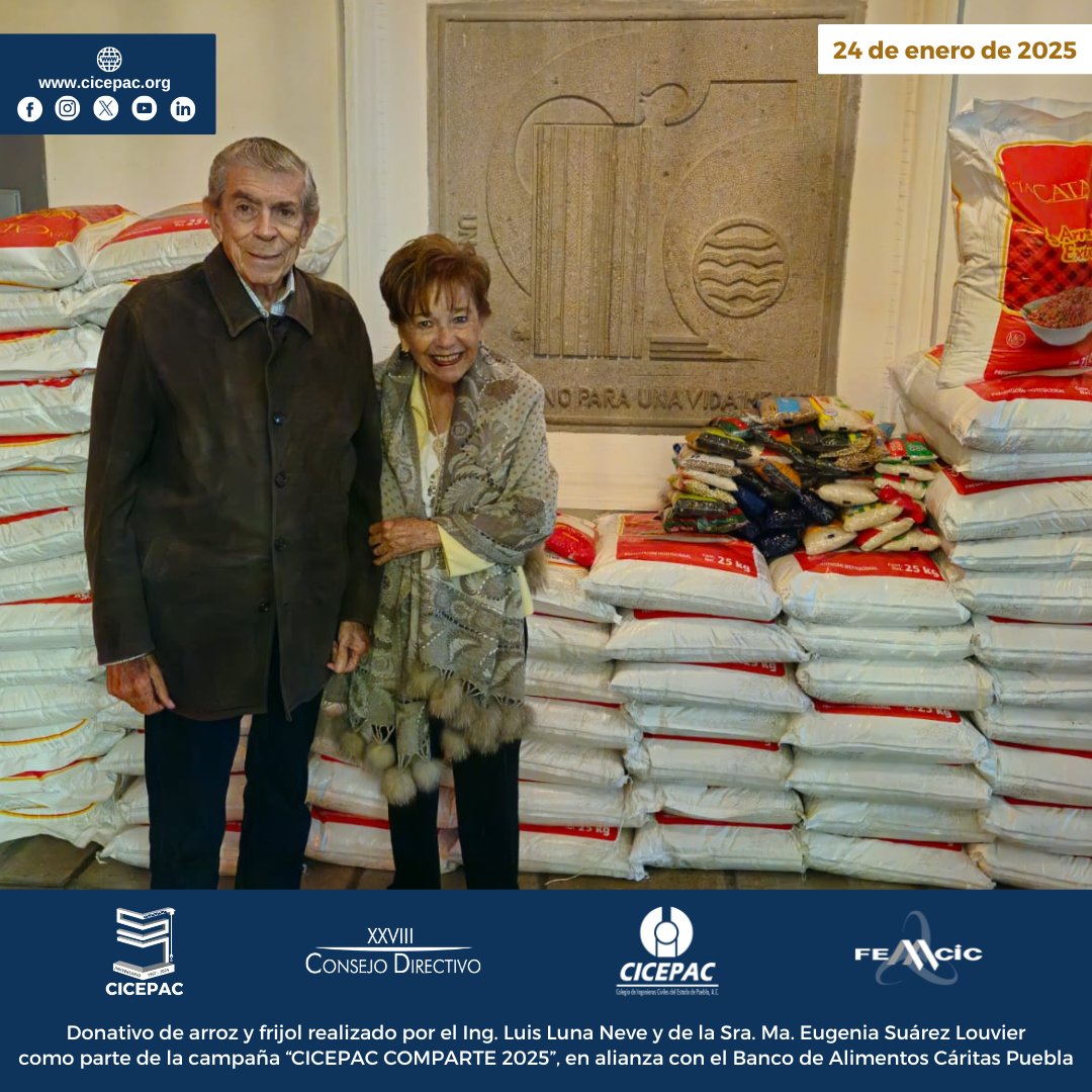 cicepac's tweet image. Donativo de arroz y frijol realizado por el Ing. Luis Luna Neve y de la Sra. Ma. Eugenia Suárez Louvier como parte de la campaña “CICEPAC COMPARTE 2025”, en alianza con el @BAMXPuebla 

#CICEPAC #BAMX #CÁRITAS #arroz #frijol #ingenieríacivil #Puebla