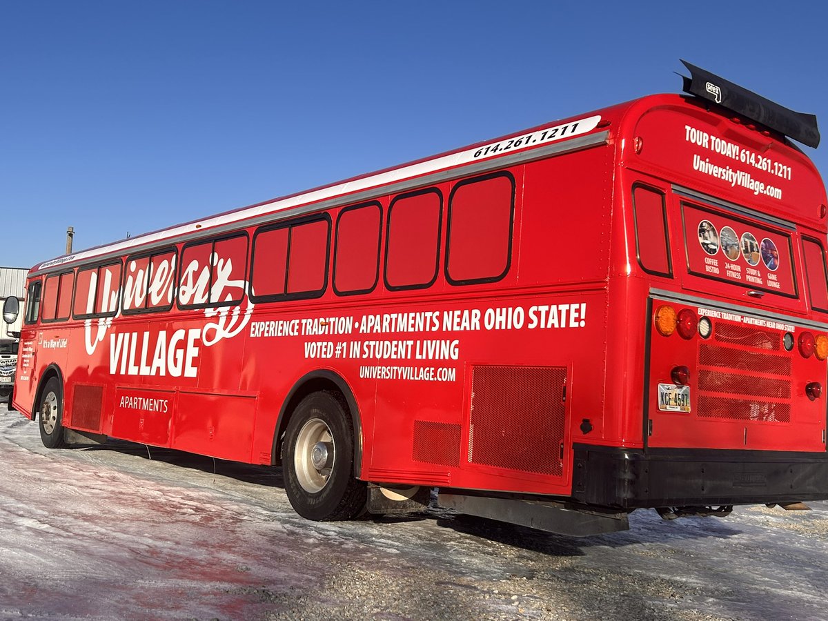 BPGConline's tweet photo. Makeover number one headed back to University Village Apartments in Columbus Ohio. Of course the white buses need to be colored up in the spirit of the campus area of the National Champion Buckeyes. First of four! #wewrapityourockit #universityvillage #buswrap #gobucks https://t.co/97HVprocpV