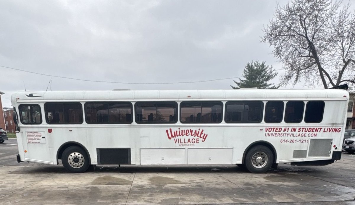 BPGConline's tweet photo. Makeover number one headed back to University Village Apartments in Columbus Ohio. Of course the white buses need to be colored up in the spirit of the campus area of the National Champion Buckeyes. First of four! #wewrapityourockit #universityvillage #buswrap #gobucks https://t.co/97HVprocpV