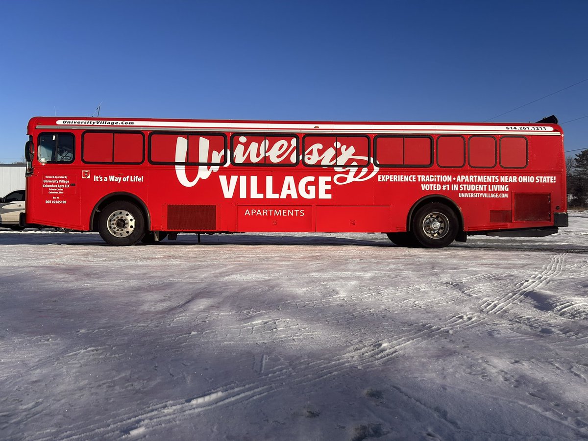 BPGConline's tweet photo. Makeover number one headed back to University Village Apartments in Columbus Ohio. Of course the white buses need to be colored up in the spirit of the campus area of the National Champion Buckeyes. First of four! #wewrapityourockit #universityvillage #buswrap #gobucks https://t.co/97HVprocpV