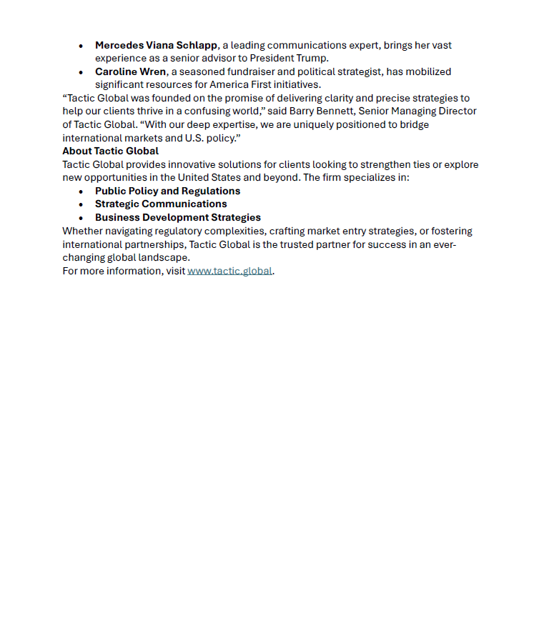 NEW: Another lobbying &amp; PR is launching to capitalize on interest in influencing Trump.

Tactic Global is a project of <a href="/BarryBennettGOP/">Barry Bennett</a>, <a href="/mschlapp/">Matt Schlapp</a>, <a href="/mercedesschlapp/">Mercedes Schlapp</a>, <a href="/CarolineWren/">Caroline Wren</a>, @solecedro, Laura Arrieta, Ryan Coyne, Jose Mallea &amp; Leonardo Scatturice. tactic.global